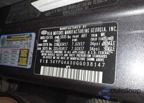 2016 Kia Sorento 2.4L Lx z USA, uszkodzony, nr VIN 5XYPG4A30GG038147